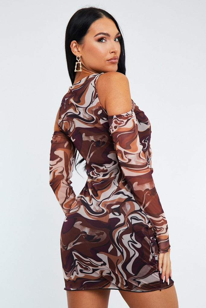 Brown Marble Print Long Sleeve Mini Dress - Adanna
