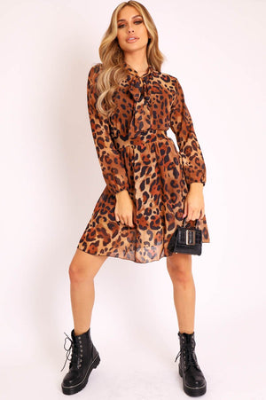Leopard Neck Tie Smock Dress - Orrie