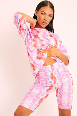 Pink Tie Dye Ribbed Cycling Shorts Co-ord - Haizlee