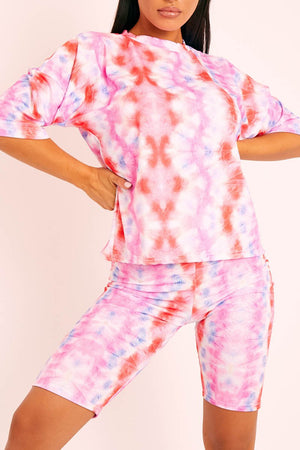 Pink Tie Dye Ribbed Cycling Shorts Co-ord - Haizlee