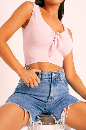 Pink Tie Bow Ribbed Crop Top - Naziah