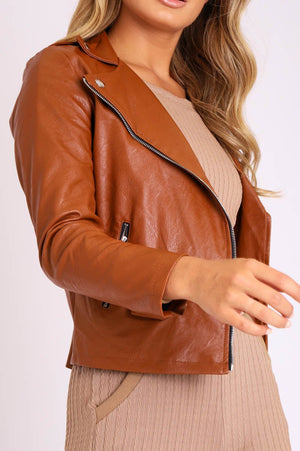 Brown Faux Leather Pocket Detail Zip Front Jacket - Lara