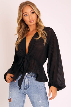Black Extreme Plunge Structured Peplum Pleated Top - Ivy