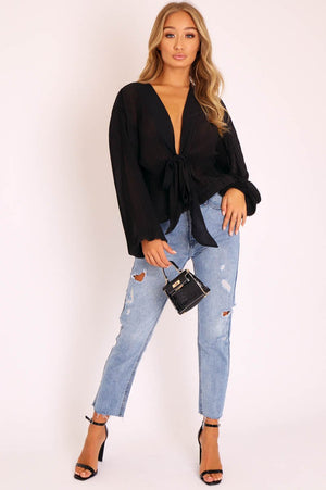 Black Extreme Plunge Structured Peplum Pleated Top - Ivy