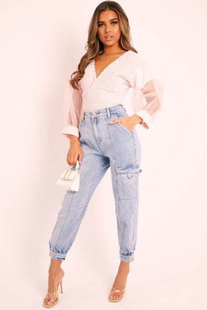 Pink Shirred Plunge Crop Top - Reina