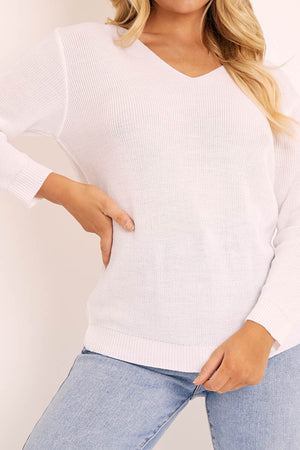 White Plunge Neck Knit Jumper - Halie