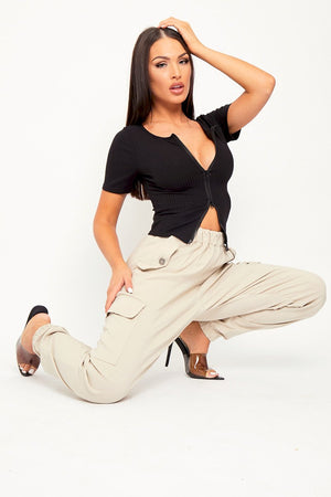 Black Ribbed Short Sleeve Double Zip Top - Lara