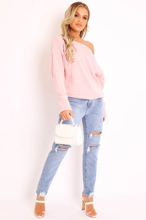 Pink Off Shoulder Knit Jumper - Brithany