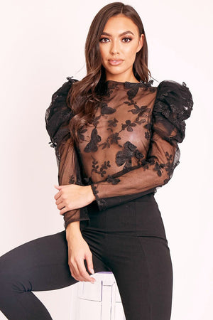 Black Butterfly Embroidery Mesh Puff Sleeve Top - Raaya