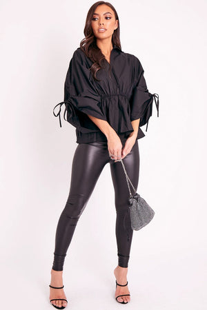 Black Ruched Waist Plunge Neckline Kimono Sleeve Shirt - Eilene