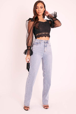 Black Lace Body Polka Mesh Sleeve Crop Top - Linsey