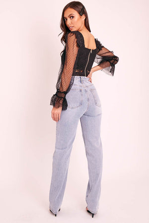 Black Lace Body Polka Mesh Sleeve Crop Top - Linsey