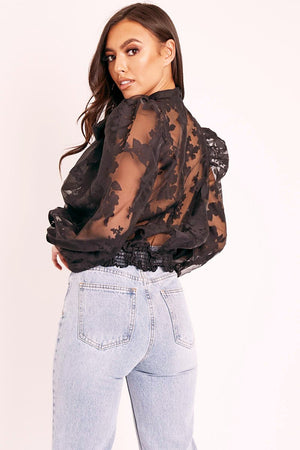 Black Floral Burn Out Mesh Blouse - Tessie