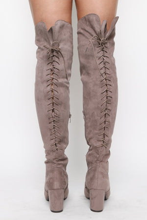 Mocha Faux Suede Back Lace Up Thigh High Boots - Brooklyn