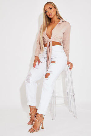 White Extremely Ripped Denim Mom Jeans - Ellynor