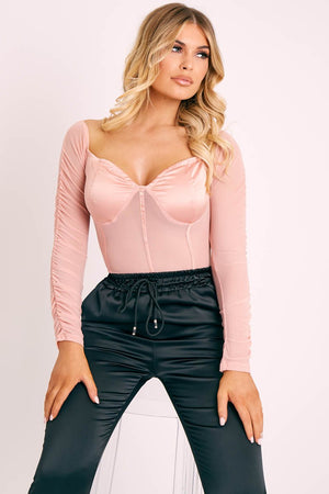 Pink Satin Corset Ruched Arm Bodysuit - Hartlee