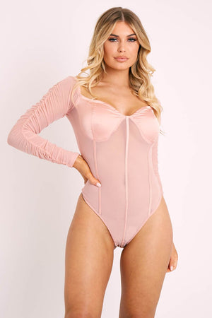 Pink Satin Corset Ruched Arm Bodysuit - Hartlee