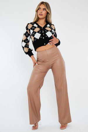 Tan PU Croc Leather Straight Leg Trousers - Sevyn