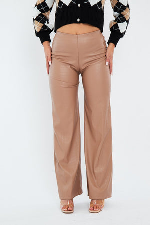 Tan PU Croc Leather Straight Leg Trousers - Sevyn