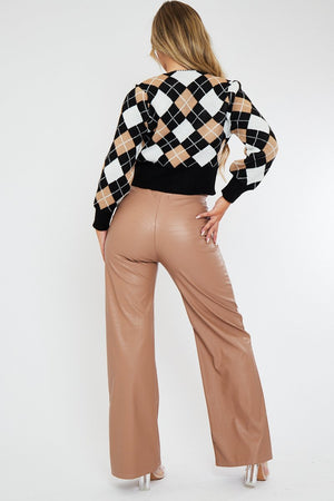 Tan PU Croc Leather Straight Leg Trousers - Sevyn