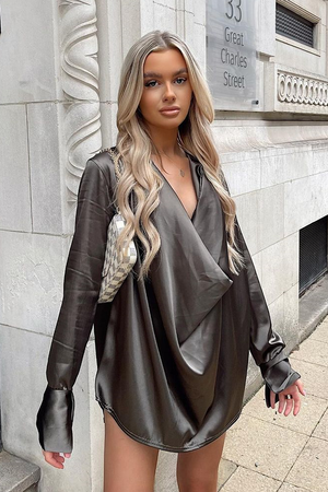 Khaki Satin Extreme Cowl Neck Shirt - Luca