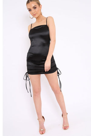 Black Satin Ruched Bodycon Dress - Aara
