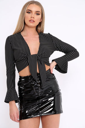 Black Shiny Vinyl Lace up Front Mini Skirt - Caydence