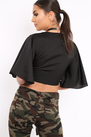Black Satin Tie Crop Top - Alara