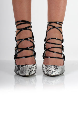 Alanna Snakeskin Lace Up Heels