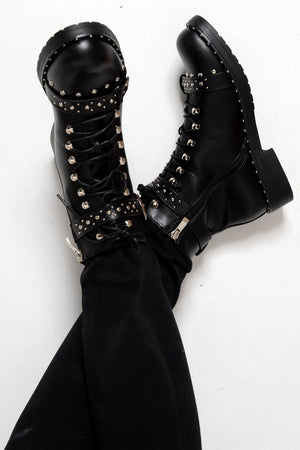 Black PU Studded Biker Boots - Bailee