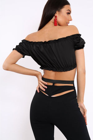 Black Satin Ruched Bardot Gypsy Crop Top - Becky