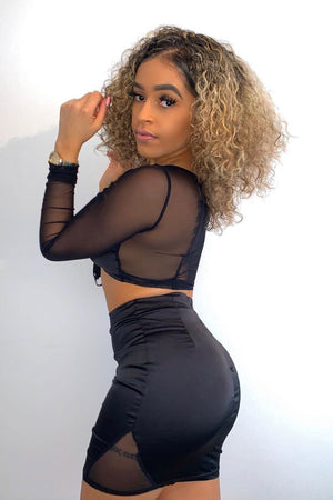 Black Satin Mesh Lace Up Detail Co-Ord - Levi