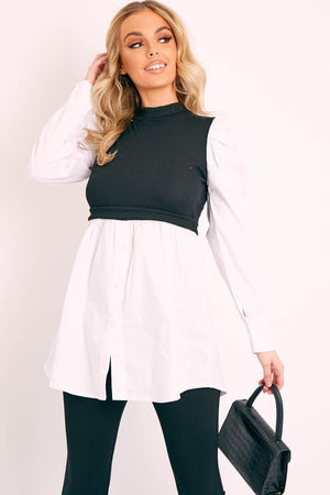 Black Overlay Detail Puff Sleeve White Shirt Dress - Olah