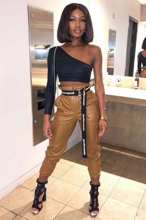 Black Croc Embossed One Sleeve Crop Top - Prim