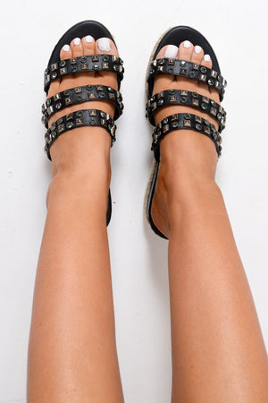 Black PU Embellished Flatform Slip On Sandals - Madina