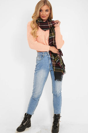 Black Red Tartan Fringe Hem Scarf - Liany