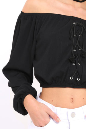 Black Ribbed Lace Up Bardot Crop Top - Sara