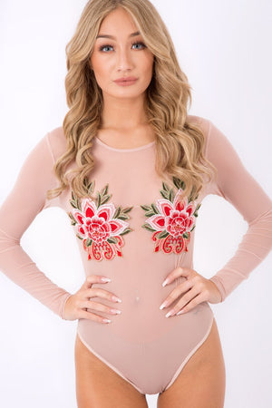 Nude Mesh Long Sleeved Embroidered Bodysuit - Bonnie