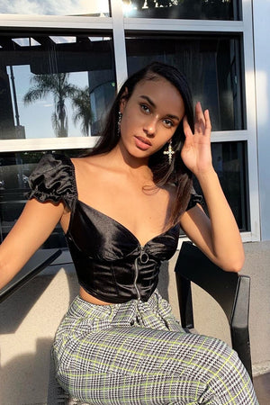 Black Satin Milkmaid Ring Zip Crop Top - Aariel