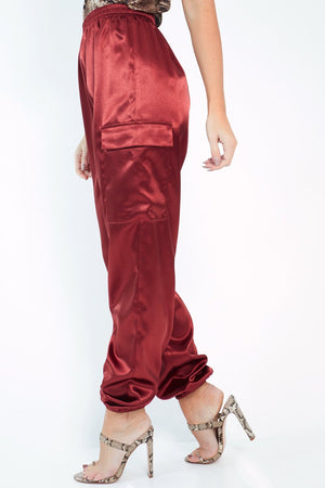 Rust Satin Cargo Trousers - Khyla
