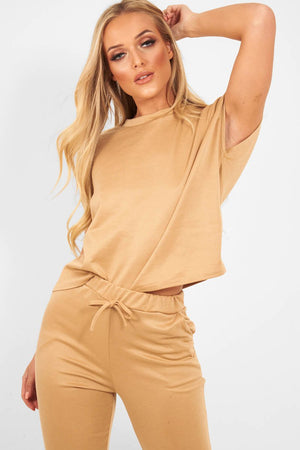 Camel Short Sleeve Crop Jogger Loungewear Set - Aarian