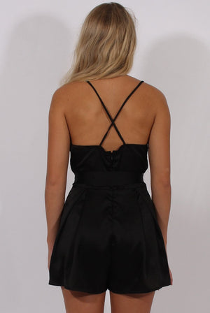 Black Satin Cross Back Choker Playsuit - Carmia