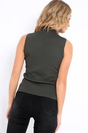 Khaki High Neck Ribbed Top - Cicely