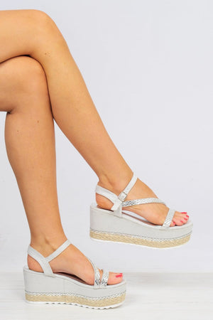 Grey Faux Suede Dimante Ankle Strap Wedges - Clarah