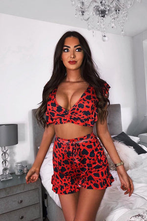 Red Leopard Print Ruffle Crop Top And Shorts Co-Ord - Liylah