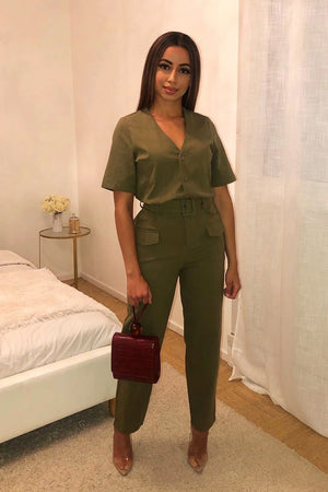 Khaki Woven Button Front Belted Jumpsuit - Suzanna