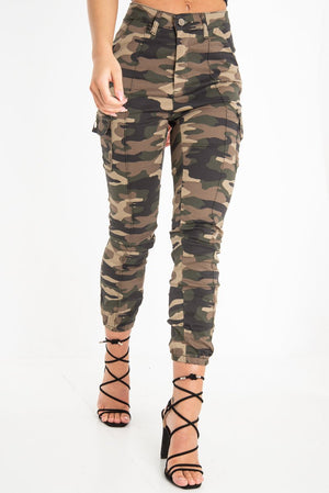 Khaki Camo Print Utility Pocket Cargo Trousers - Kendall