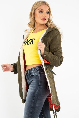 Khaki Fleece Lined Faux Fur Hood Parka Coat - Kiyomi