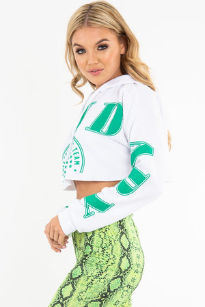 White Athletic Slogan Crop Raw Hem Hoodie - Jersie