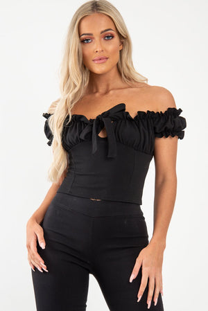 Black Ruffle Tie Front Bardot Crop Top - Pandora